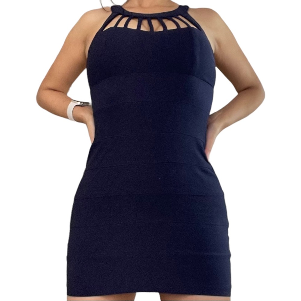 Trixxi Bodycon Mini Dress Small S Dark Blue Sleeveless Stretch Back Zip Sexy